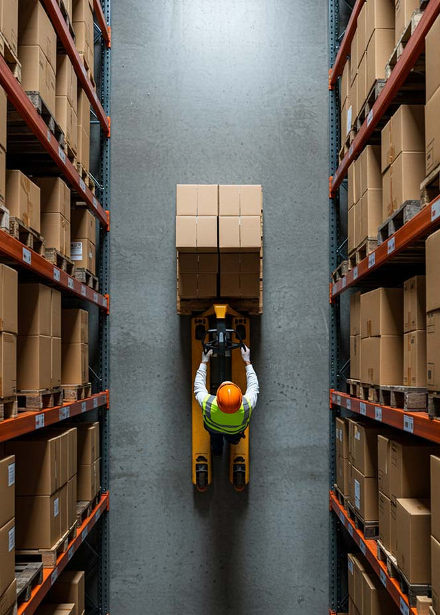 Immagine decorativa per Birkenstock Professional per le calzature pensate per chi lavora nell'industria e nella logistica. Operatore logistico con casco arancione e gilet alta visibilità mentre trasporta pallet con transpallet manuale in corridoio di magazzino industriale – gestione delle spedizioni e stoccaggio merci.