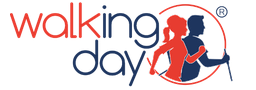 Logo Walking Day con testo blu e rosso e sagome di camminatori, donna in rosso e uomo in blu.