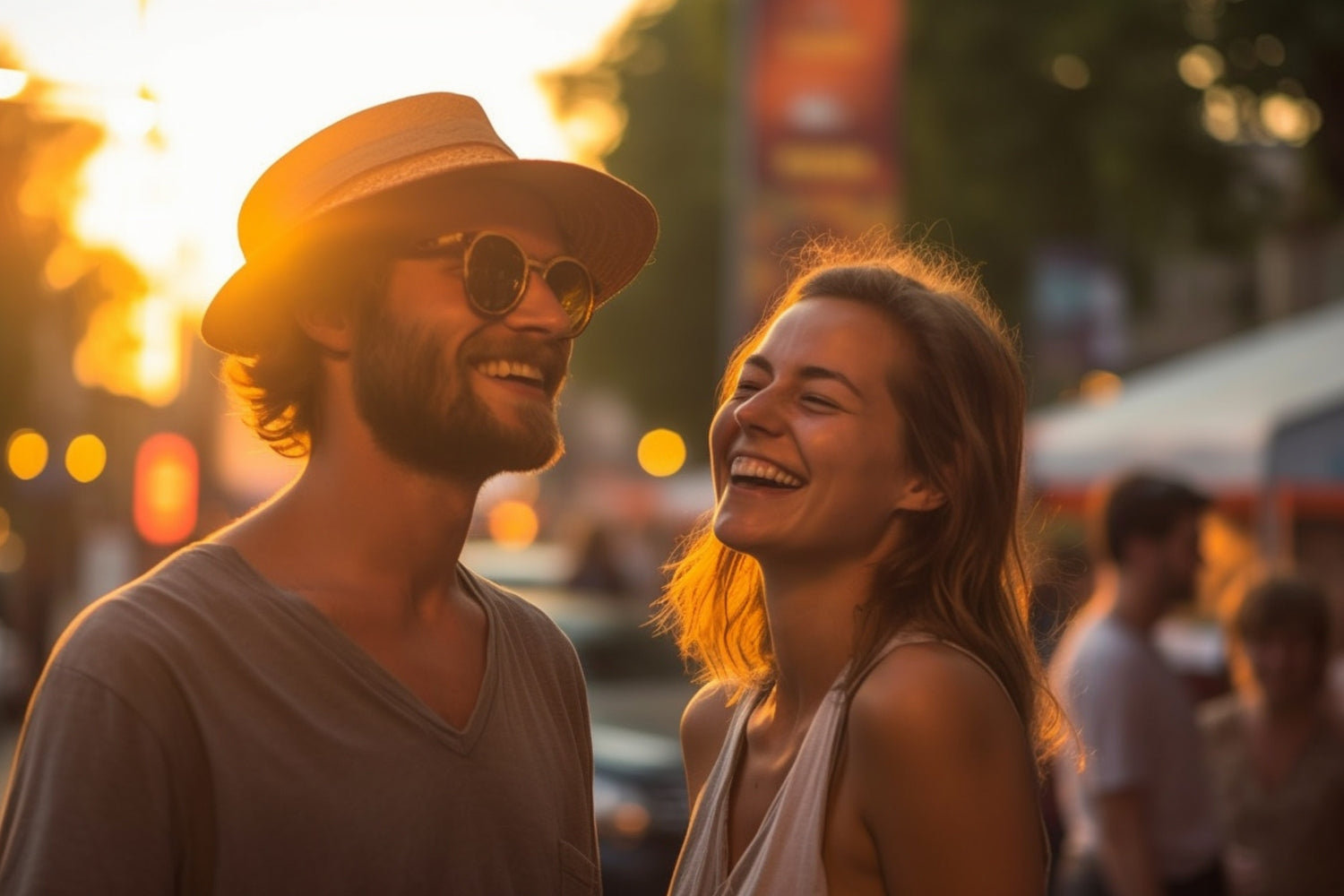 Coppia che ride al tramonto durante un evento all’aperto, atmosfera estiva rilassata con luce calda e naturale.