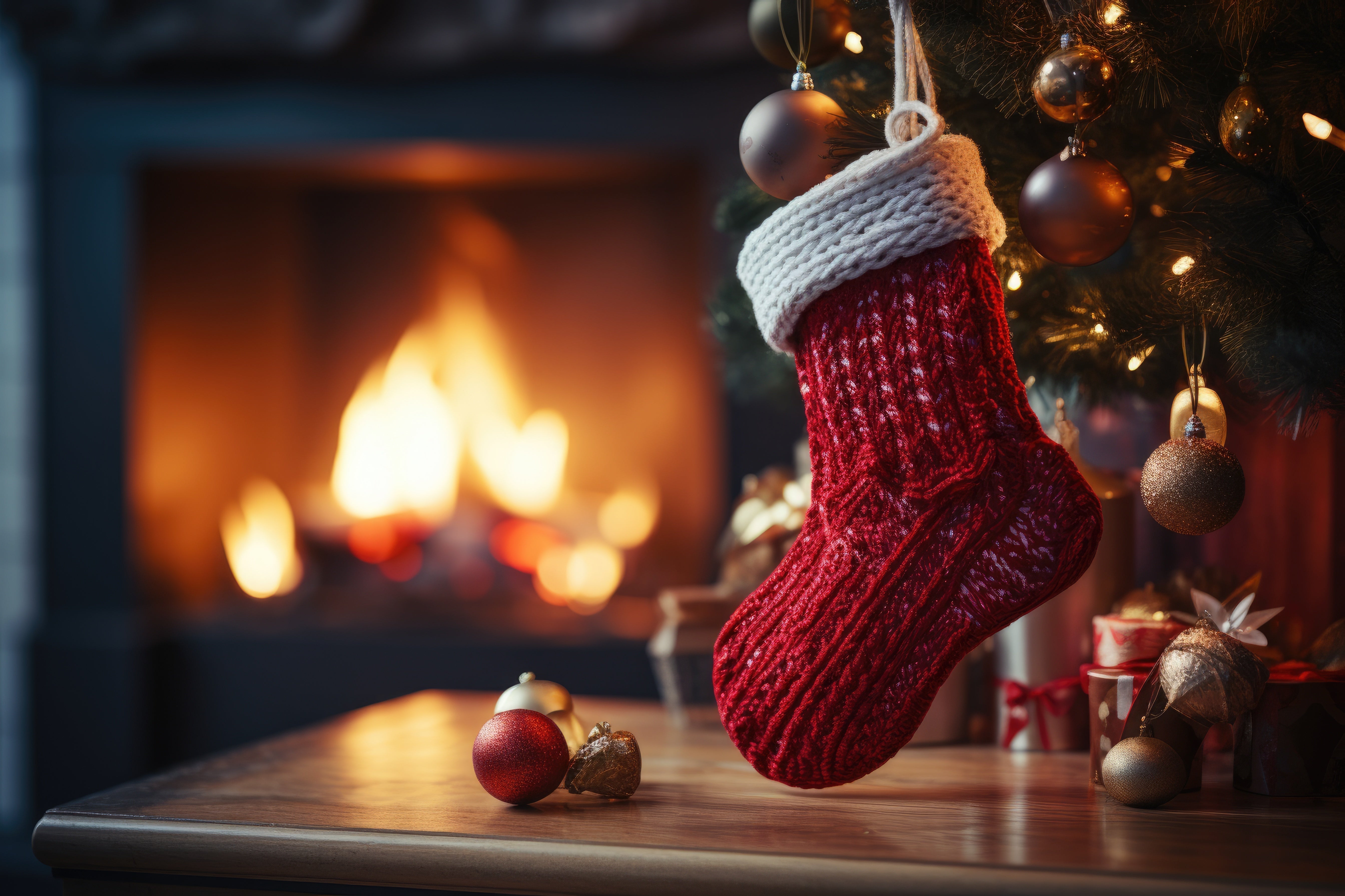 Calza di Natale rossa appesa all’albero vicino a un camino con regali e decorazioni su superficie in legno.