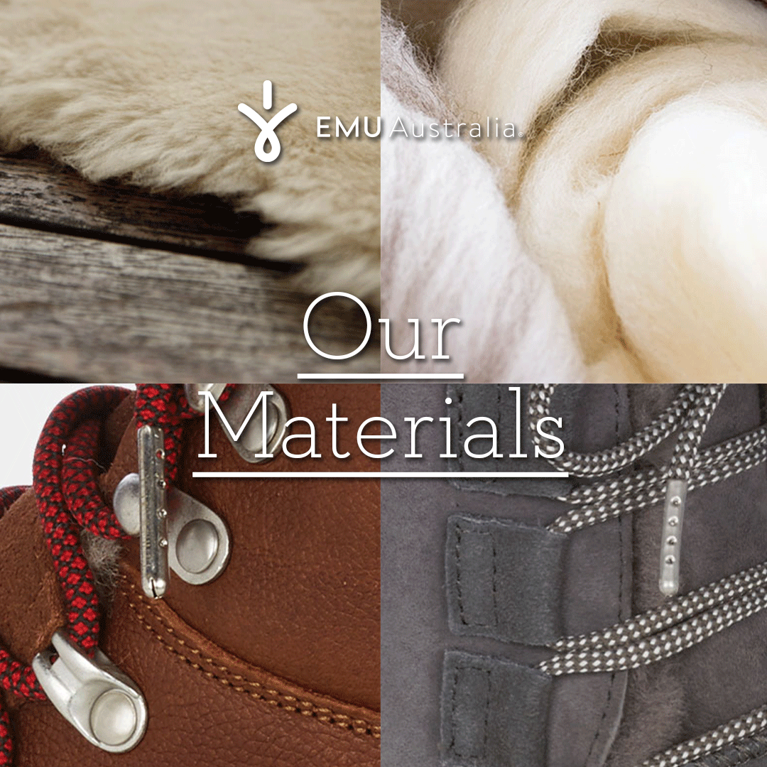 Dettagli dei materiali naturali utilizzati da EMU Australia: lana merino australiana certificata Woolmark e pelle di montone australiano, rappresentati in un collage.