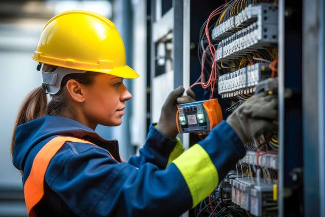 Tecnico donna in abbigliamento di sicurezza che ispeziona un quadro elettrico con uno strumento digitale. 
