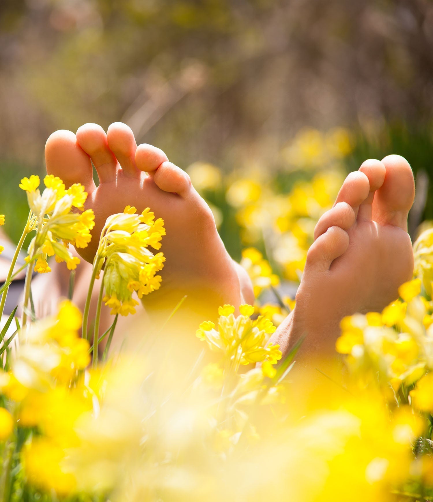 Dettaglio piedi in mezzo a fiori gialli.