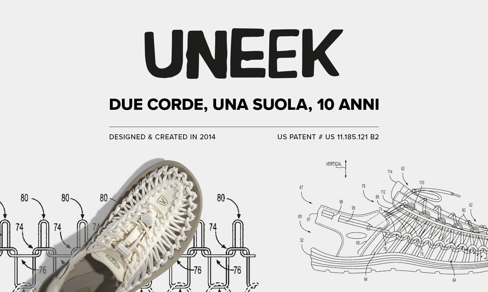 Sandalo keen uneek, caratterizzato da un design intrecciato, affiancato da disegni tecnici di brevetti che ne celebrano il decimo anniversario e il suo design del 2014.