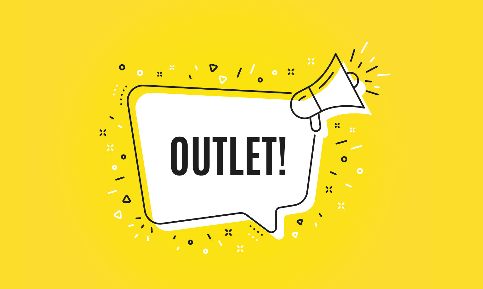 Illustrazione con scritta “OUTLET!” all’interno di un fumetto bianco e megafono stilizzato su sfondo giallo.
