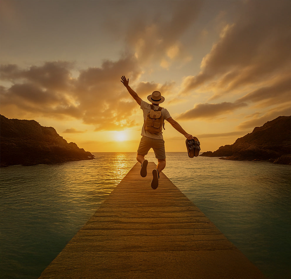 Uomo che salta felice su un pontile al tramonto con sandali in mano, simbolo di vacanze in libertà e calzature comode per ogni tipo di viaggio.