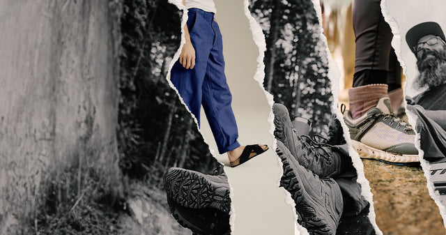 collage persone che indossano ciabatte birkenstock e scarpe keen