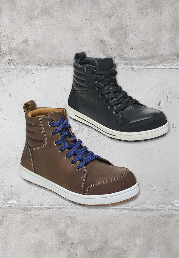 Scarpe antinfortunistiche Birkenstock QS 700 alte in pelle nera e marrone, con suola bianca – calzature di sicurezza per industria, logistica.