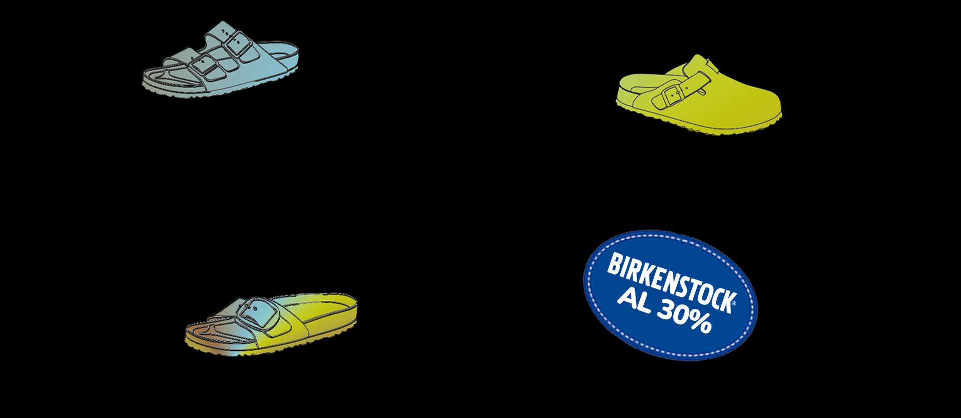 Illustrazione di modelli Birkenstock in promozione Black Friday su Amuvia, con sconto fino al 30%.