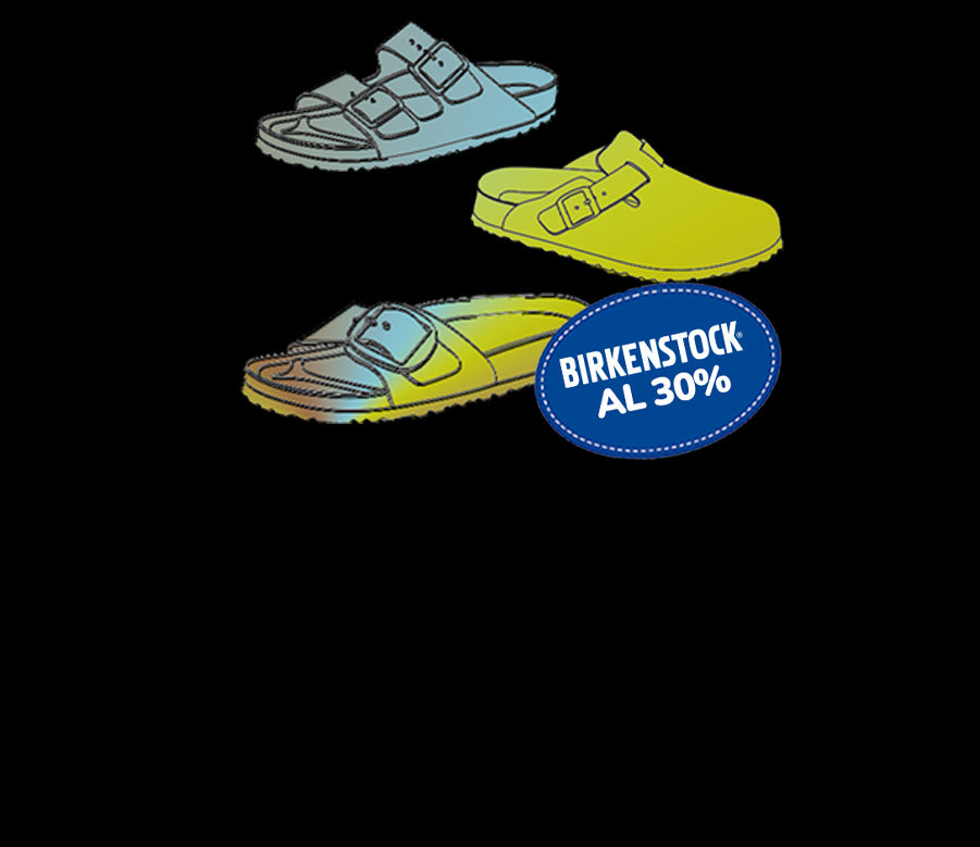 Illustrazione di modelli Birkenstock in promozione Black Friday su Amuvia, con sconto fino al 30%. 2 