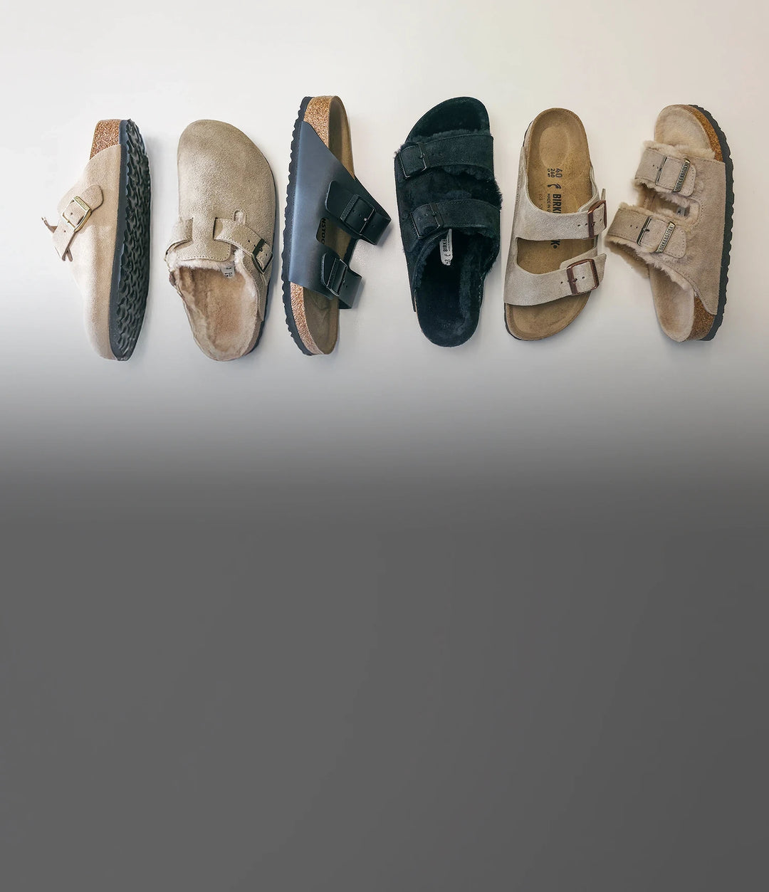 Vista dall'alto partendo da sinistra; Boston sandcastle donna laterale, boston taupe shearling con pelliccia, arizona sandali nere laterale, arizona con pelliccia nere shearling, arizona sandali a due fasce taupe e arizona a due fasce shearling laterale su sfondo neutro bianco