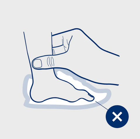 Illustrazione che mostra come misurare correttamente il piede del bambino: in piedi, con il collo del piede premuto verso il basso e le dita ben distese.