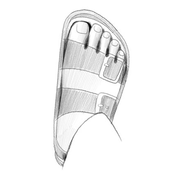 Illustrazione in bianco e nero vista dall’alto di un piede all’interno di un sandalo Birkenstock modello Milano con cinturini chiusi correttamente, senza essere troppo stretti, per garantire libertà di movimento e comfort.