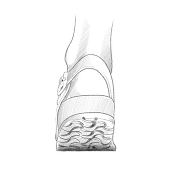 Illustrazione in bianco e nero vista da dietro di un piede che indossa un sandalo Birkenstock modello Milano regolato correttamente: durante la camminata, il piede rimane stabile all’interno del plantare senza urtare i bordi, segno che taglia e larghezza sono adeguate.