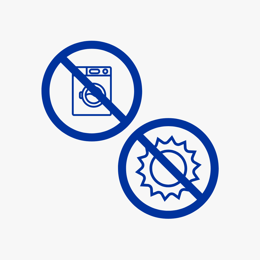 Simboli di avvertenza: non lavare in lavatrice e non esporre alla luce diretta del sole, simboli blu su sfondo bianco.