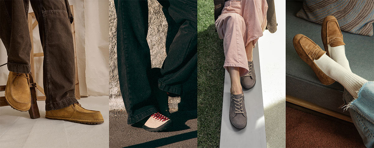 quattro immagini di diversi modelli di calzature: birkenstock utti, keen jasper, finncomfort prato, mocassino kirra emu australia